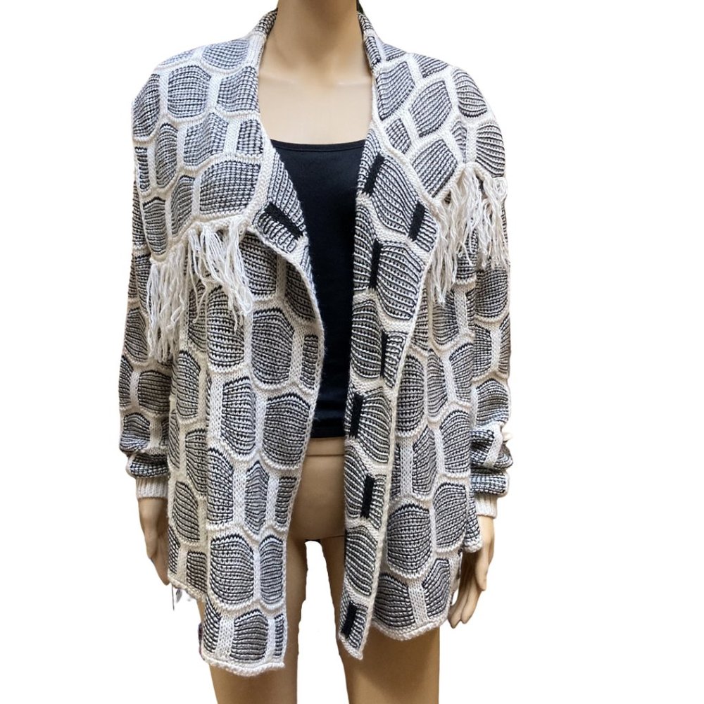Fringed Black and white draped cardigan - One size